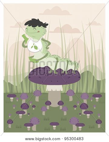 Inchworm Eating Up A Mushroom