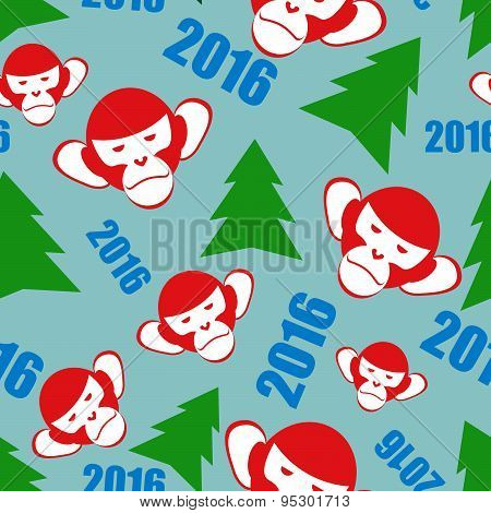 Monkey and a Christmas tree. New year 2016 seamless patetrn. Vector Holiday background.  Symbols of