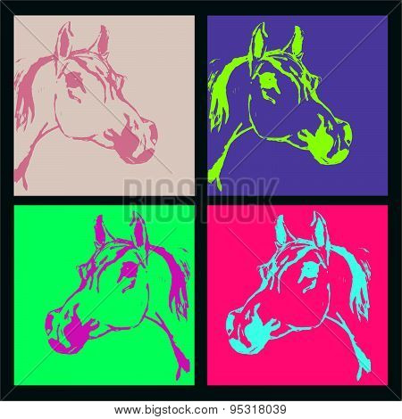 Horse, Stallion Arabian Breed (arab, Head). Set. Acid Color