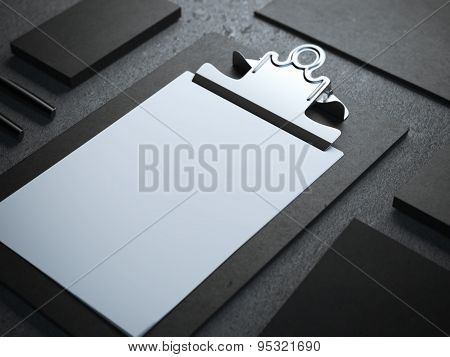 Black branding mockup with clipboard