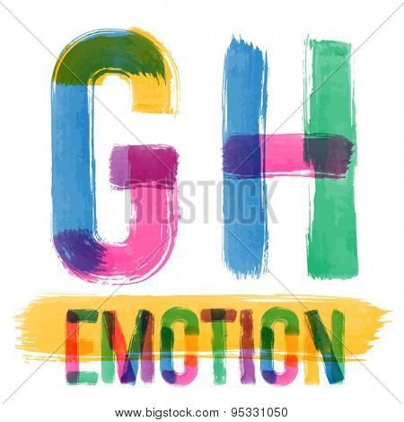 Vector set of colorful brush font. Hand-drawn brush alphabet. Letters G H