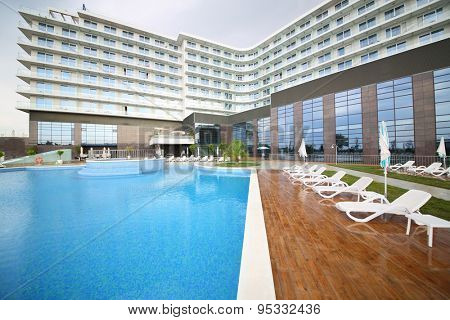 SOCHI, RUSSIA - JUL 27, 2014: Area of the Hotel Radisson Blu Paradise Resort and Spa near the outdoor pool
