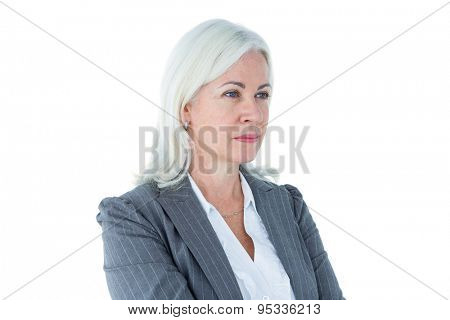 Confident businesswoman arms crossed on white background