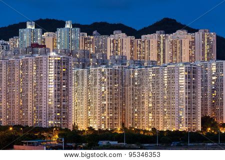 Hign density residential buildings in Hong Kong at night