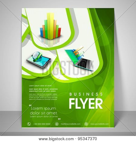 Stylish green flyer design for business with image of graph, laptop, globe, address bar, place holder and mailer.