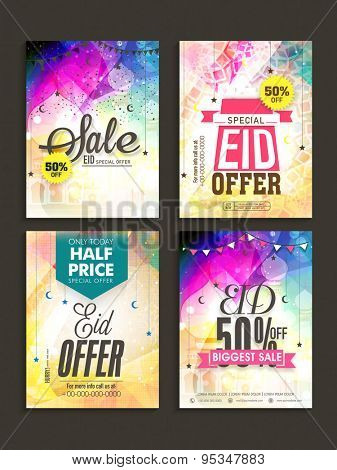 Beautiful poster, banner or flyer design decorated with Islamic elements for Eid Sale with special discount offer.