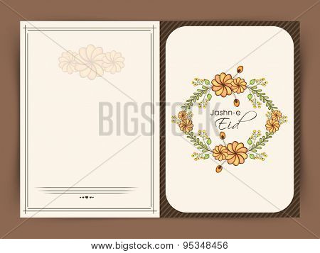Flowers decorated greeting card design for muslim community festival, Jashn-e-Eid celebration.
