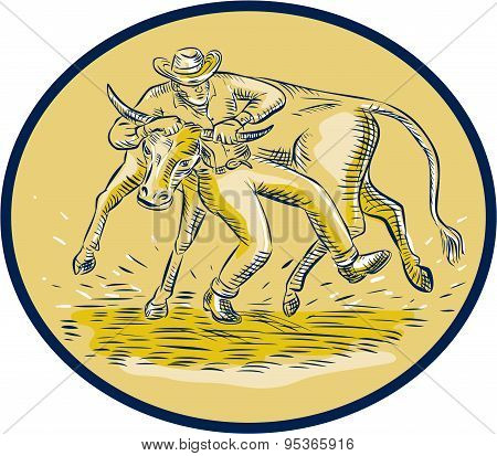 Rodeo Cowboy Steer Wrestling Bull Oval Etching