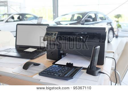 Serpuhov, Russia, June, 2015: Working place of managers in a dealer's car showroom in Serpuhov, Russia