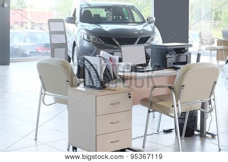 Serpuhov, Russia, June, 2015: Working place of managers in a dealer's car showroom in Serpuhov, Russia