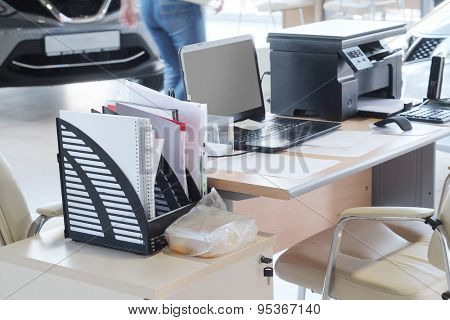 Serpuhov, Russia, June, 2015: Working place of managers in a dealer's car showroom in Serpuhov, Russia