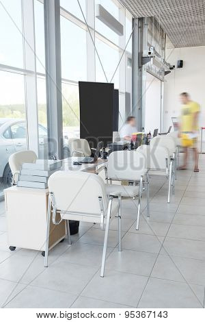 Serpuhov, Russia, June, 2015: Working place of managers in a dealer's car showroom in Serpuhov, Russia