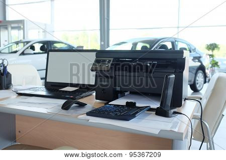 Serpuhov, Russia, June, 2015: Working place of managers in a dealer's car showroom in Serpuhov, Russia