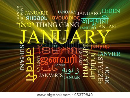 Background concept wordcloud multilanguage international many language illustration of January glowing light
