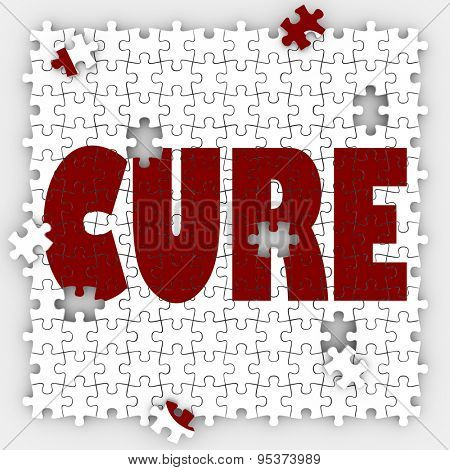 Cure word on puzzle pieces to illustrate medical treatment and research for remedy or fix for an illness, disease or sickness
