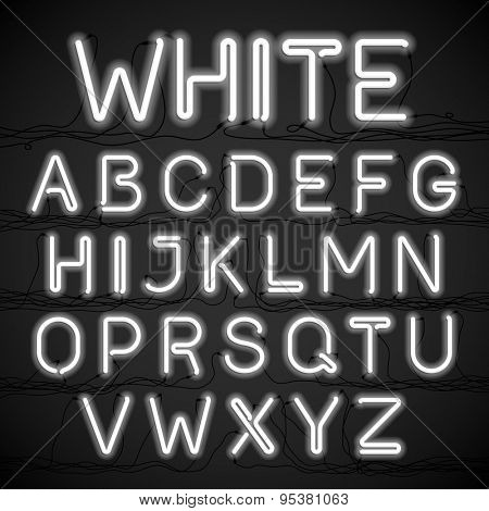 White neon light alphabet with cable. Vector.