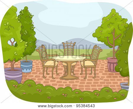 Illustration of a Backyard Patio with a Garden Nearby