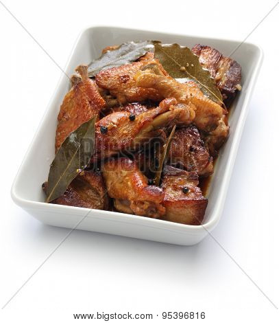 chicken and pork adobo, filipino food isolated on white background