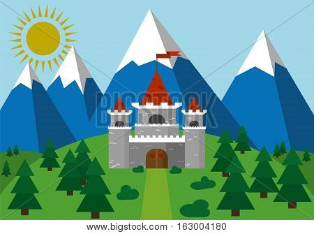 Flat vector illustration of castle on forest background