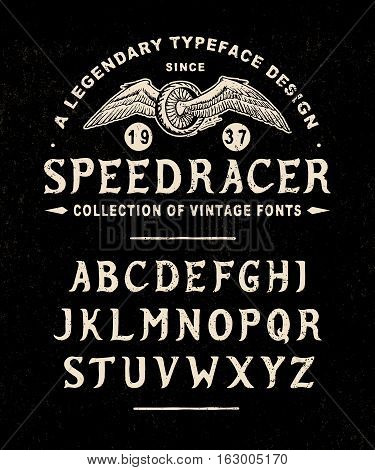 SPEED RACER. Hand crafted retro vintage typeface design. Original handmade textured lettering type alphabet on navy background. Authentic handwritten font, vector letters.