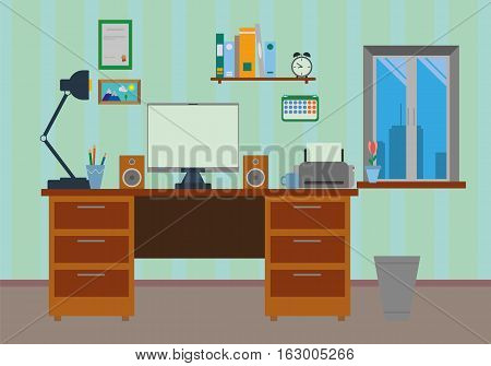 Vector flat illustration of design work desk with a computer, lamp and business objects