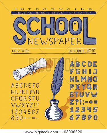 SCHOOL NEWSPAPER. Crafted vintage typeface design. Handmade alphabet. Authentic hand written family font, vector letters, numbers. Uppercase light and bold condensed type. Narrow doodle symbols.