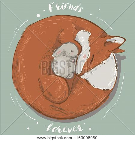 cute sleeping little hare and fox. vector iluustration