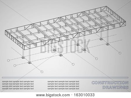 Construction drawings. 3D metal construction. Cover gray background for inscriptions. Corporate Identity