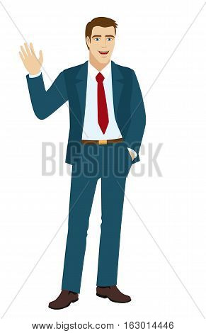 Businessman greeting someone with his hand raised up. Vector illustration.