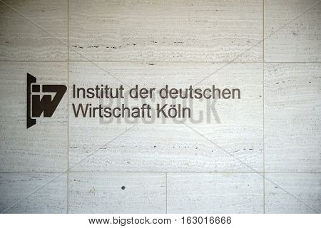 COLOGNE, GERMANY - NOVEMBER 24: The Logo of the Institute of German Economy on the facade of the entrance on November 24, 2016 in Cologne.