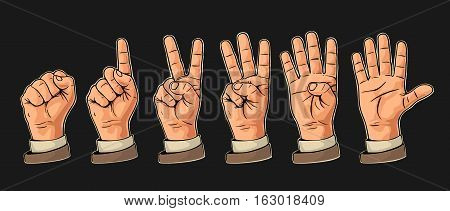 Set of gestures of hands counting from zero to five. Male Hand sign. Vector flat illustration isolated on white background.