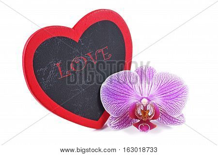 Heart wooden plaque in the shape heart and orchids Valentine's Day