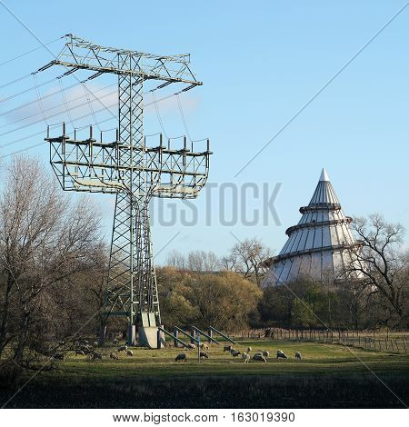 the banks of the Elbe near Magdeburg with the Millennium Tower