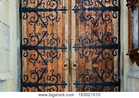 Old wrought-iron gates. Church of St. Olha and Elizabeth, Lviv, Ukraine.