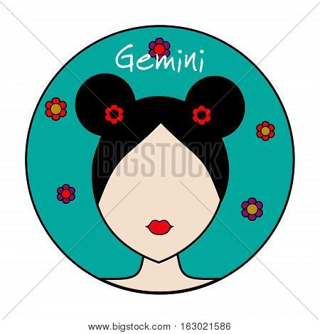 Gemini zodiac sign. Icon with fashionable woman face with trendy hairstyle and flower background. userpic design element