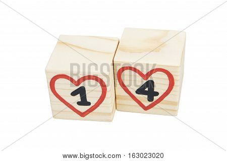 Wooden cubes with handwritten 14th and red hearts. Isolated on a white background.