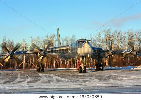 Russian long-range strategic bomber Tu-95 on the parking place