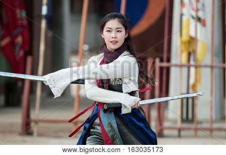 Gyeonggi-do, Suwon-si, South Korea - December 23, 2016: Traditional Martial Arts Trial Performance,