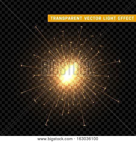 Gold light effect. The effect of gold sparkler. Bright Star with transparency. Glowing glitter. Isolated Christmas decoration. Magic lighting object