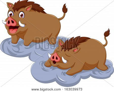 funny wild boar cartoon sitting with her baby