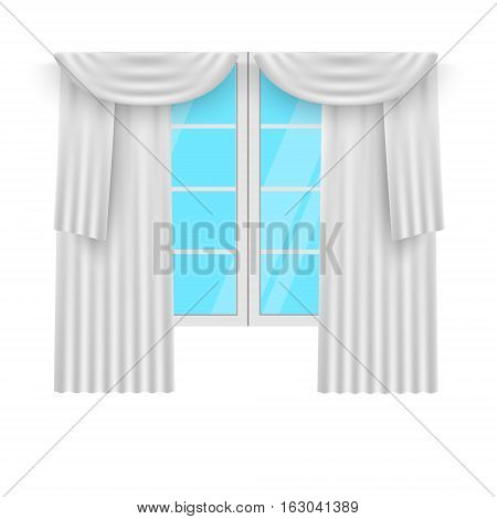 Window curtains. White curtans and windows. Vector illustration