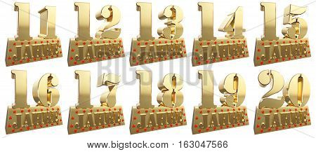 Set of golden digits on a gold ingot for the anniversary. Translation from German - Years. 3d illustration