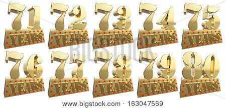 Set of golden digits on a gold ingot for the anniversary. 3d illustration