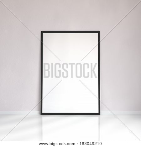 Realistic black blank picture frame near the wall, 3D rendering