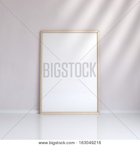 Realistic wooden blank picture frame near the wall, 3D rendering