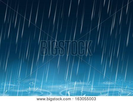 Autumn weather blue nature background with falling rain drops and puddles vector illustration