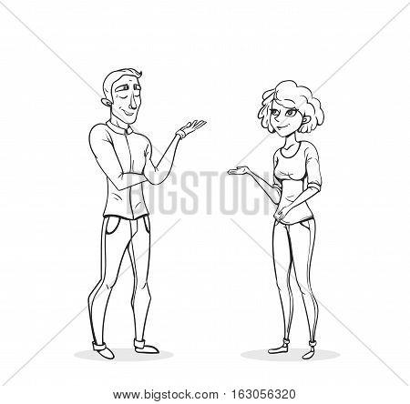 Collaboration of two business people. Sketch vector illustration.
