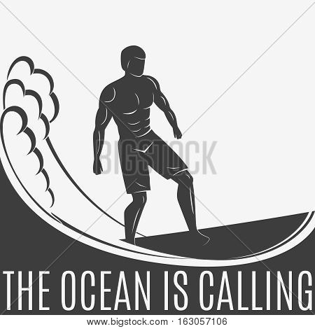 Vintage logo. Men surfing on wave. Man on surfboard. Surf logotype. Flat
