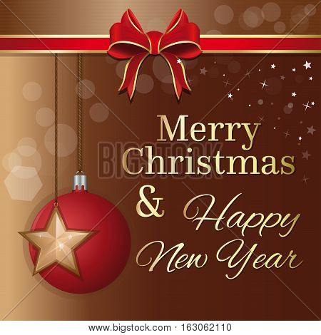 Merry Christmas and Happy New Year. Holiday greeting card template with red ribbon, bow and Christmas ball. Vector illustration