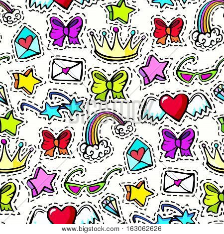 Seamless pattern with decorative fashion patch badges set with colorful girls elements. Girl patches in comic cartoon 80-90 style. Vector illustration stock vector.